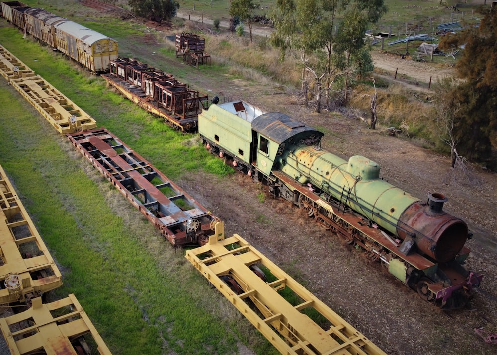 an aerial view of an old train yard