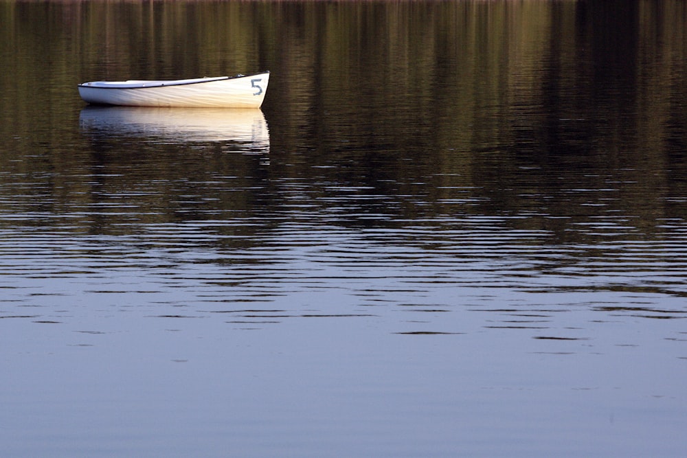 a small white boat floating on top of a lake