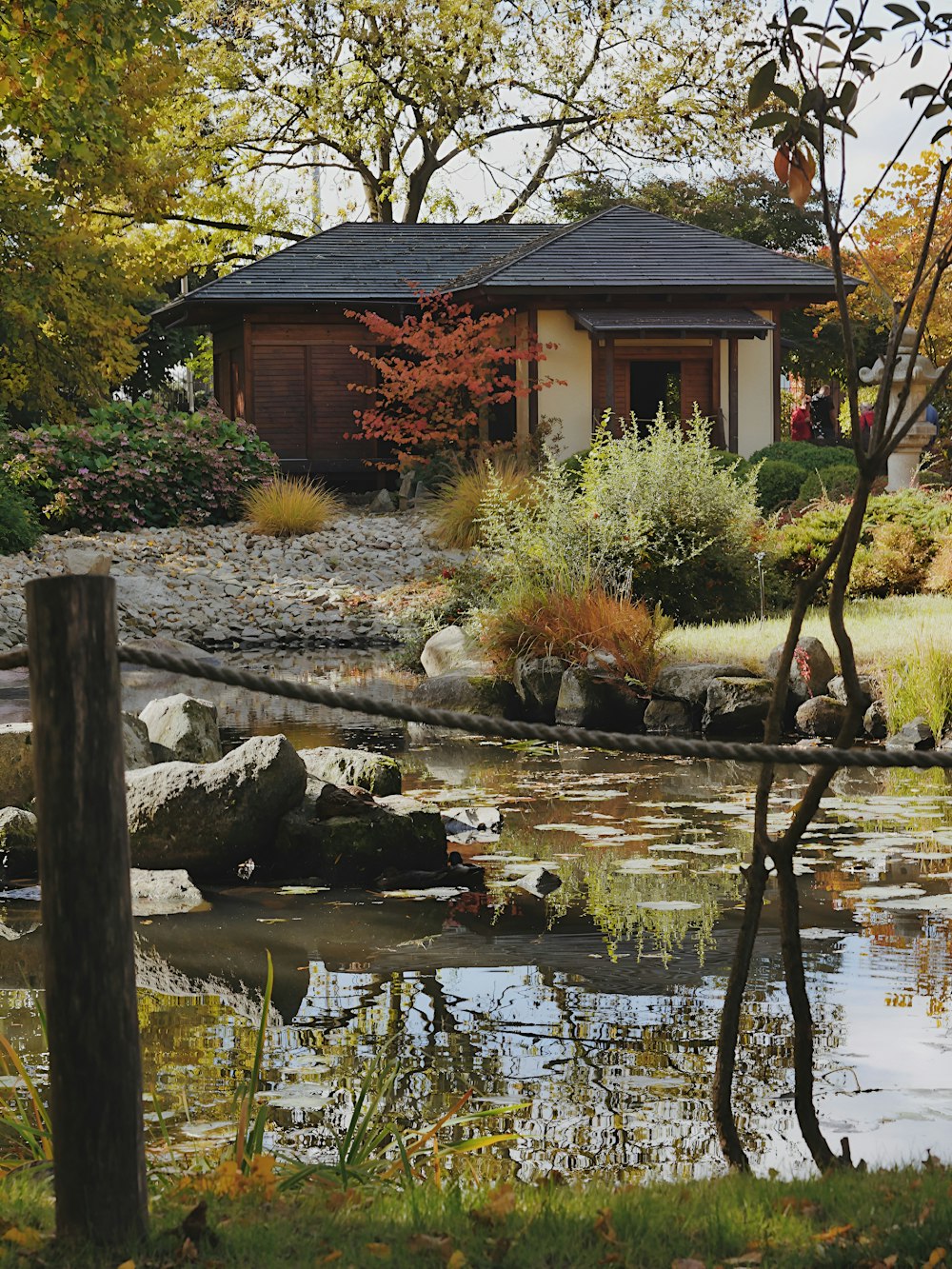 une maison avec un étang devant elle