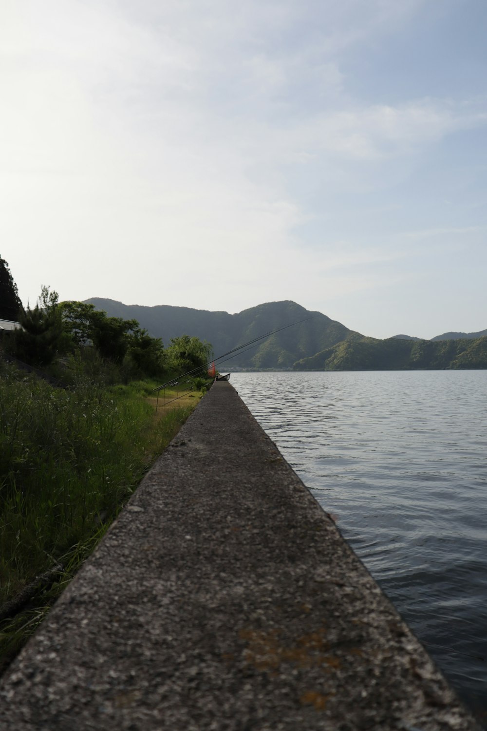 山を背景に湖で釣りをする男