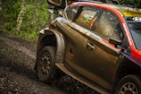 A racing car navigating a muddy terrain at high speed, with mud splashing off the tires. The car has sponsor logos and the names of the driver and co-driver on its side. The surrounding environment includes a forest with greenery and trees.