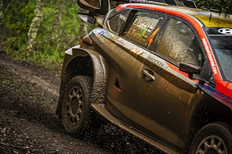 A racing car navigating a muddy terrain at high speed, with mud splashing off the tires. The car has sponsor logos and the names of the driver and co-driver on its side. The surrounding environment includes a forest with greenery and trees.