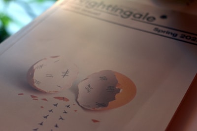 A magazine cover featuring a cracked eggshell with tally marks inside, symbolizing passage of time or captivity. Small shapes resembling birds are flying out from the egg, suggesting freedom or escape. The title 'Nightingale' and the season 'Spring 2023' are visible at the top.
