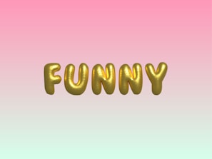 Gold, balloon-like letters spelling 'FUNNY' are centered against a gradient background transitioning from pink at the top to a light mint green at the bottom.