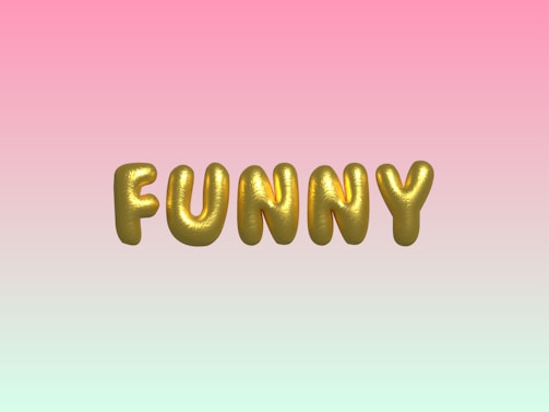 Gold, balloon-like letters spelling 'FUNNY' are centered against a gradient background transitioning from pink at the top to a light mint green at the bottom.