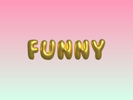 Gold, balloon-like letters spelling 'FUNNY' are centered against a gradient background transitioning from pink at the top to a light mint green at the bottom.