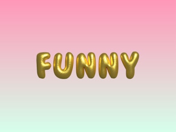 Gold, balloon-like letters spelling 'FUNNY' are centered against a gradient background transitioning from pink at the top to a light mint green at the bottom.