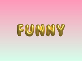 Gold, balloon-like letters spelling 'FUNNY' are centered against a gradient background transitioning from pink at the top to a light mint green at the bottom.