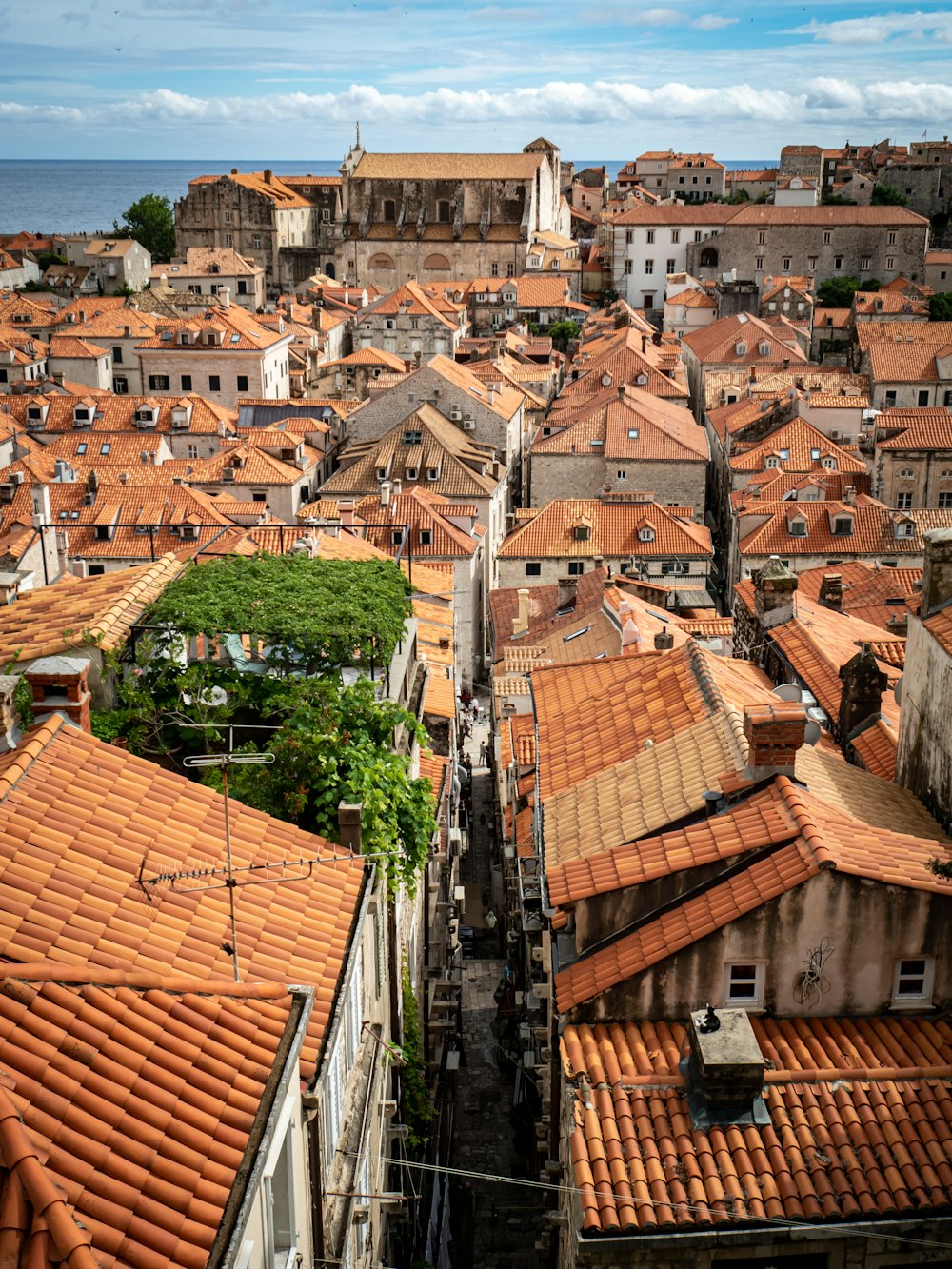 an aerial view of a city with red tiled roofs