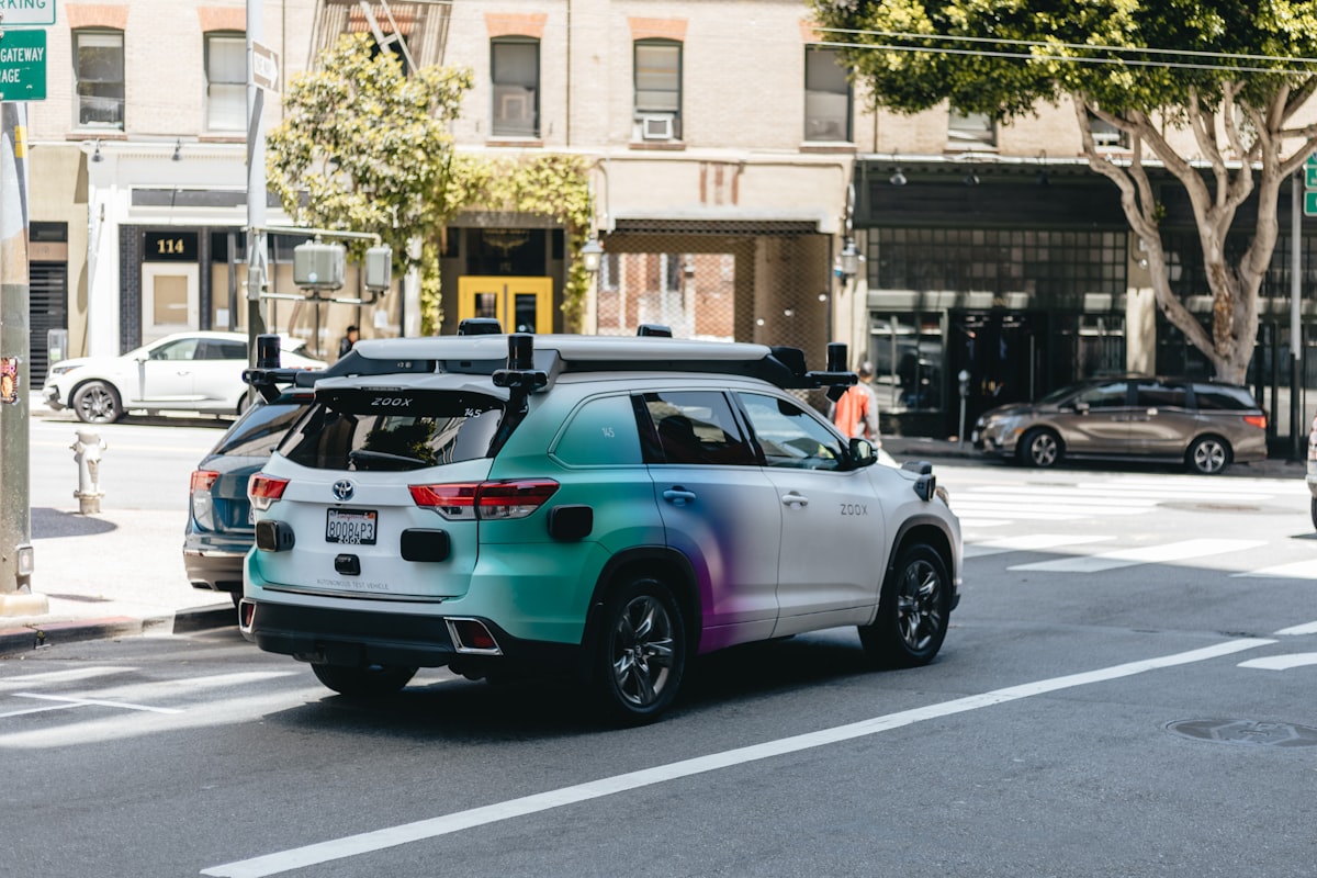 A self-driving autonomous vehicle navigating a city street