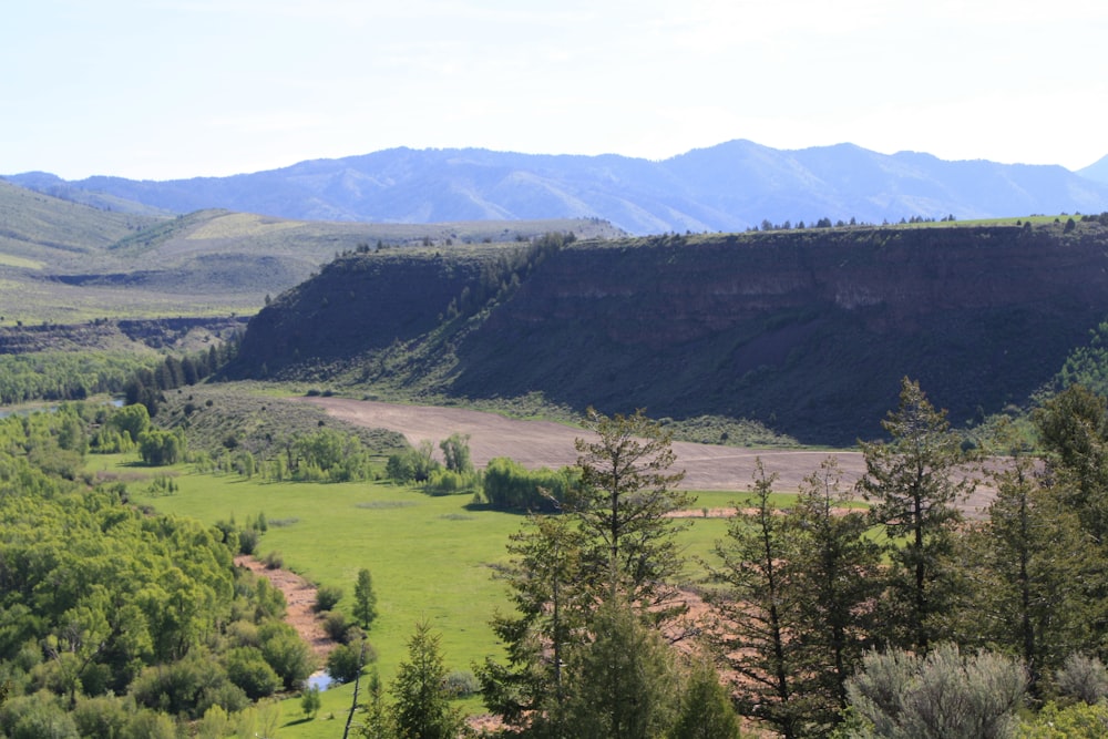 a view of a valley with mountains in the background