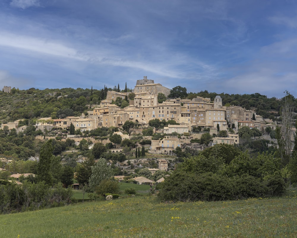 a village on top of a hill surrounded by trees