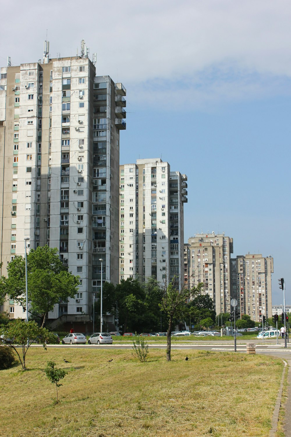 a grassy field in front of tall buildings