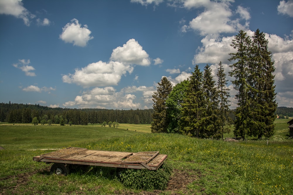 a wooden bench sitting on top of a lush green field