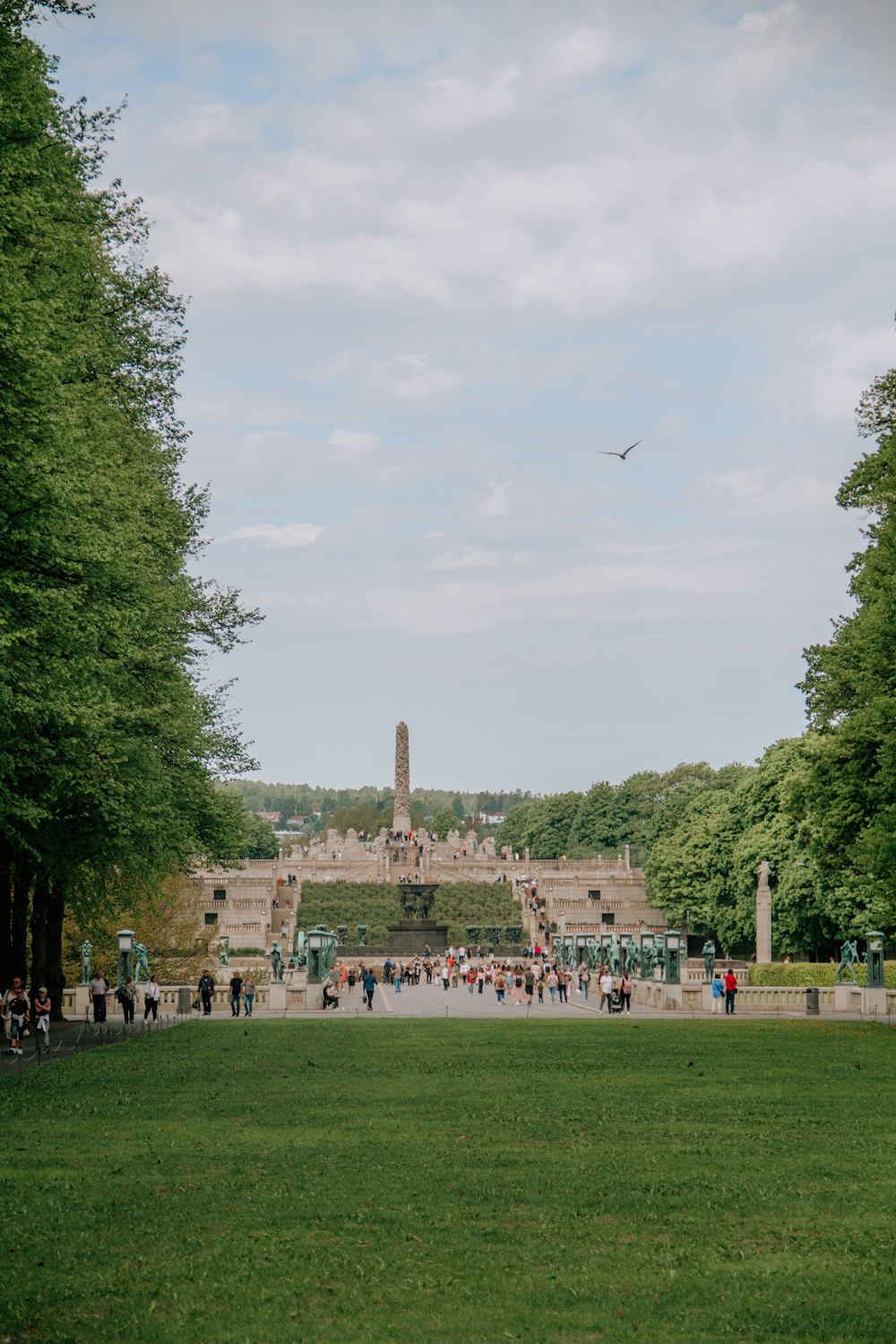 a group of people walking around a park