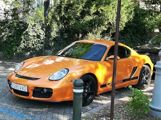 A vibrant sports car parked on a sunny Miami street.