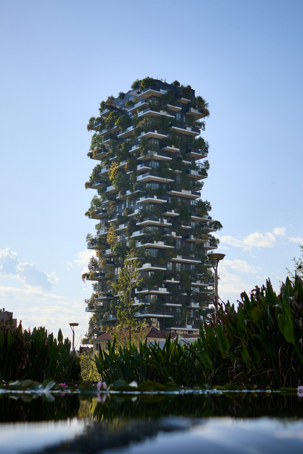 Un edificio alto con molti alberi in cima