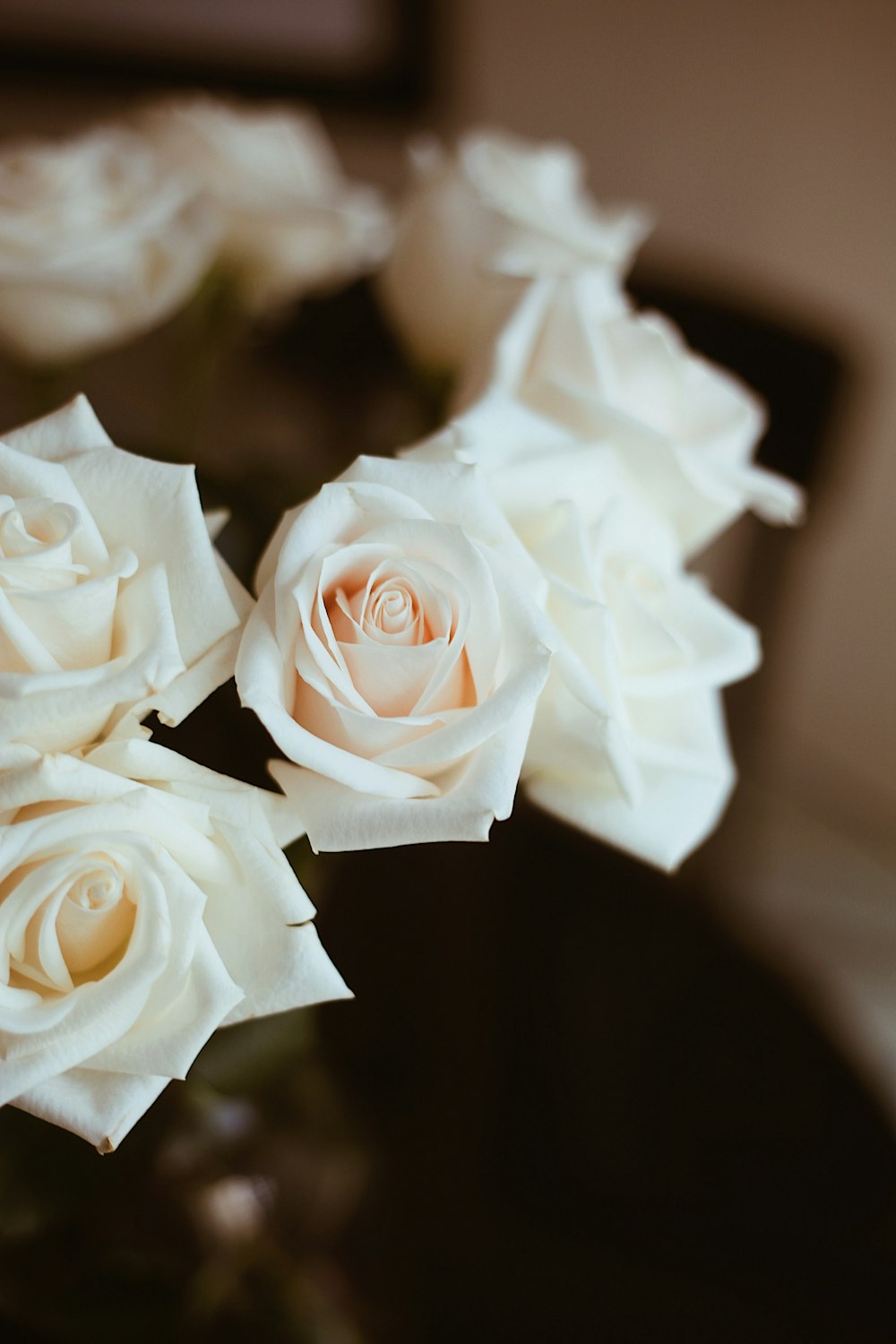 a vase filled with white roses on top of a table