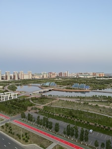 Green spaces and water management systems integrated within the industrial park.