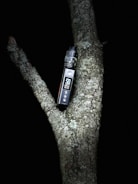 A vape device is positioned in the fork of a tree branch against a dark background. The device has a digital display and buttons on the front.