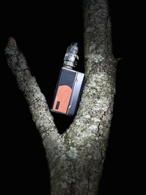 A vape device rests between the branches of a tree, surrounded by bark and lichen in a dark setting.