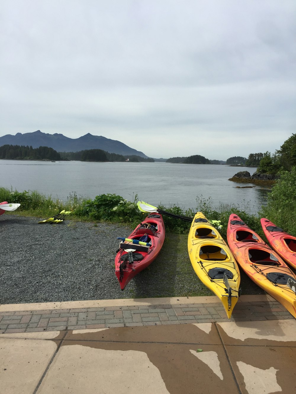 three kayaks are lined up on the shore of a lake