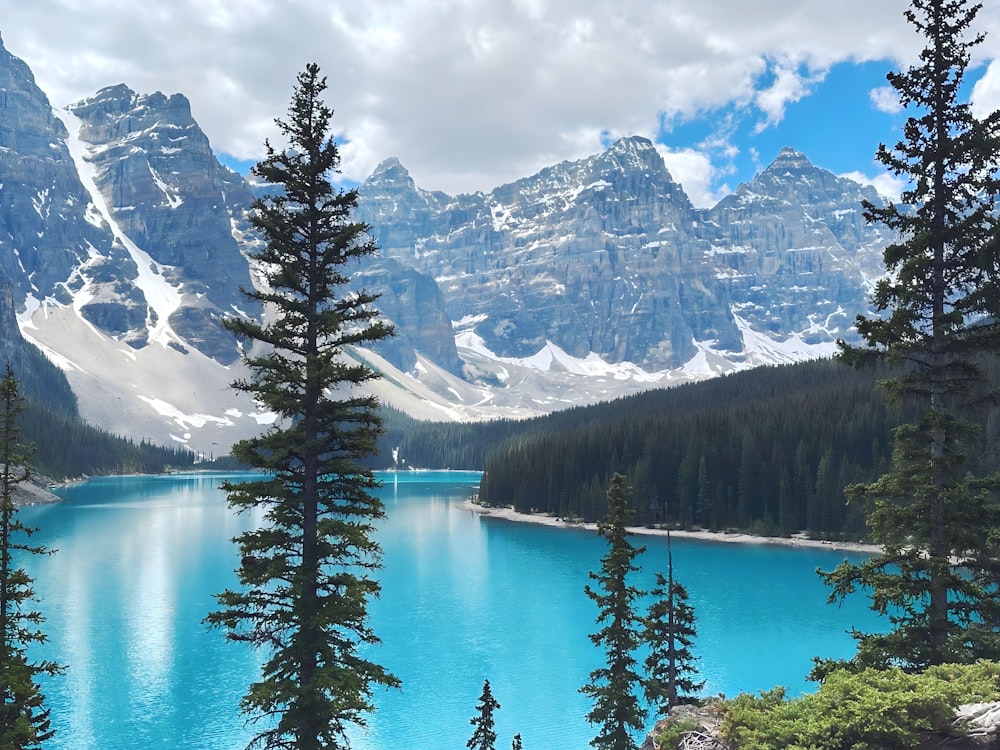 a blue lake surrounded by mountains and trees