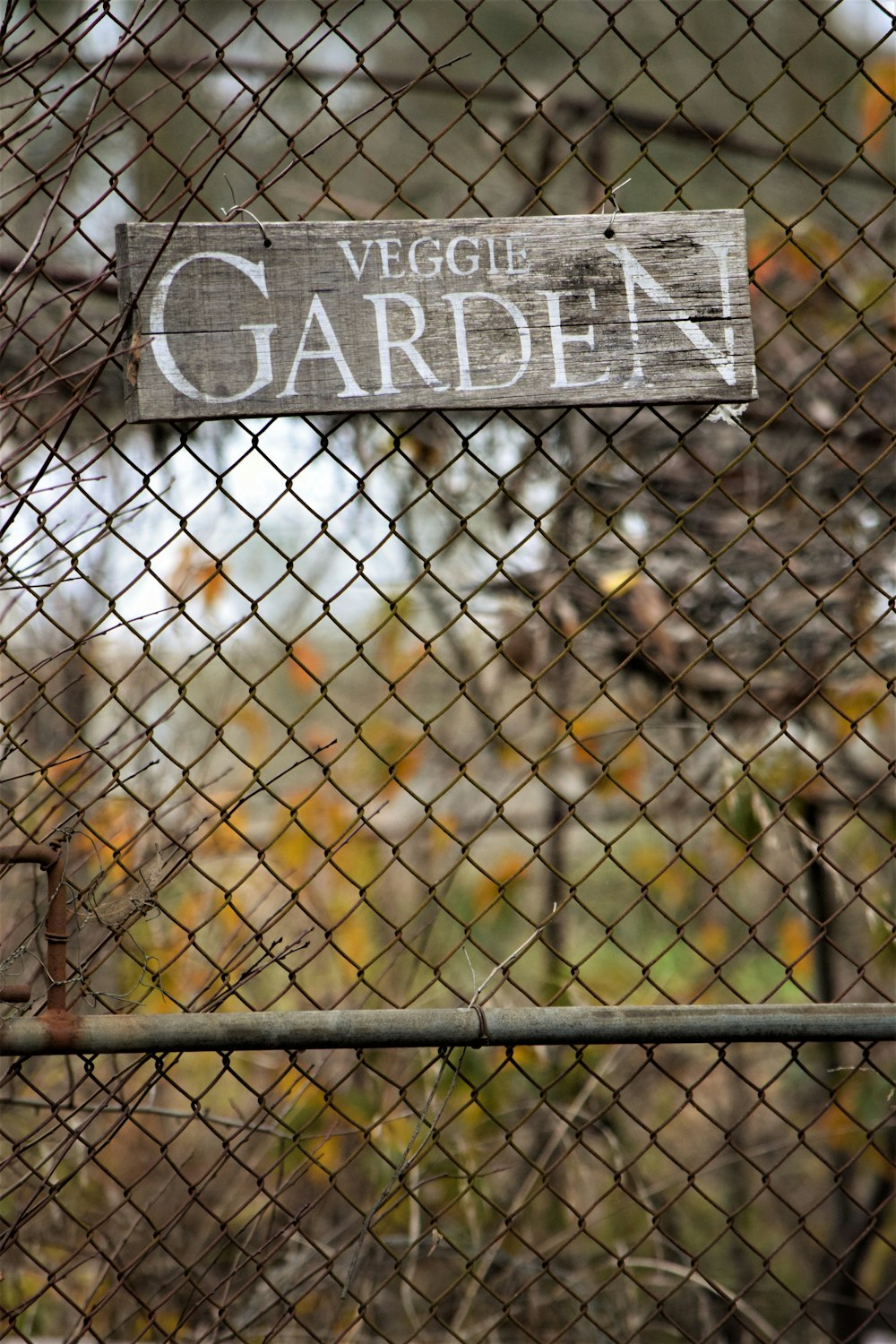Un cartello su una recinzione che dice orto vegano