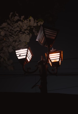 Three street lamps with lantern-like designs are illuminated against a dark night sky. The lamps emit a warm orange glow, creating a soft ambiance. Leaves from a nearby tree partially obscure the lamps, adding a natural element to the scene.