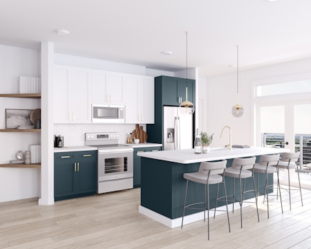 a large kitchen with a center island and bar stools