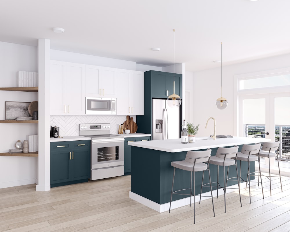 a large kitchen with a center island and bar stools