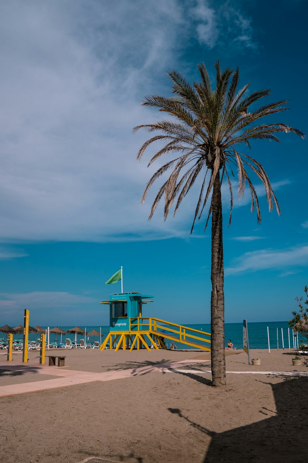 a palm tree on a beach with a life guard tower in the background