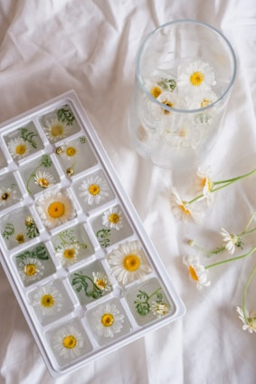 An ice tray filled with ice cubes containing chamomile flowers and green leaves is placed on a white fabric surface. Next to the ice tray, there is a glass filled with similar floral ice cubes. A few loose chamomile flowers are scattered around the glass.