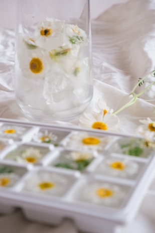 A glass filled with ice cubes that contain embedded daisies, placed on a white cloth background. In the foreground, a white ice cube tray holds additional ice cubes with flowers. Several loose daisies are scattered around, enhancing the delicate and refreshing visual theme.