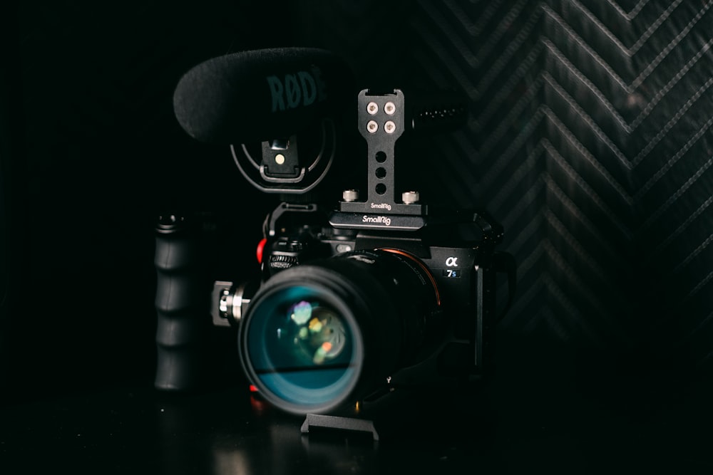 a close up of a camera on a table