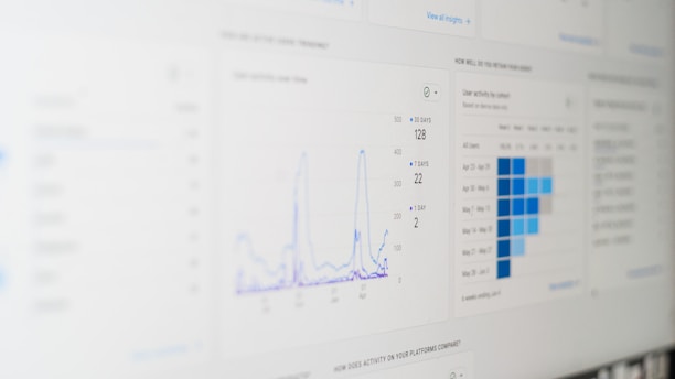 A digital screen displaying analytical data with line graphs, histograms, and numerical values. The data is presented in a user-friendly interface with different shades of blue used to distinguish various elements.