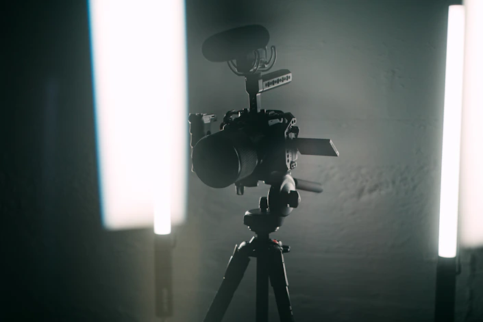 Behind the scenes of a video shoot with professional lighting and camera setup.