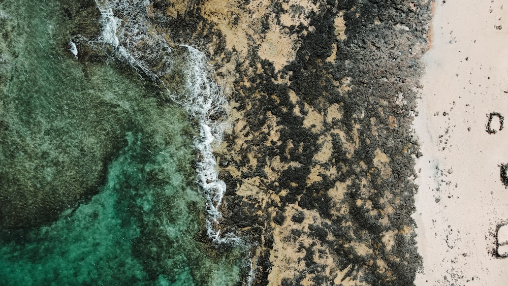 a bird's eye view of a sandy beach and ocean