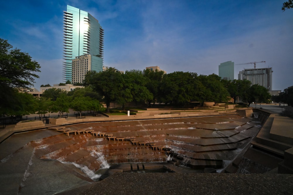 a skateboard park in the middle of a city