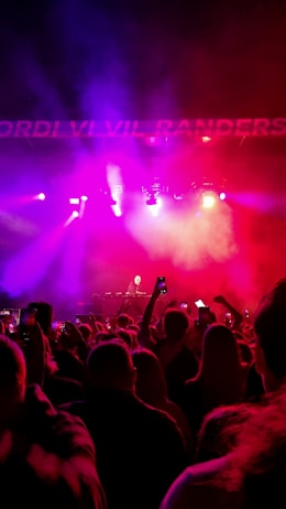 A lively concert scene with a large crowd captured in silhouette against a backdrop of intense stage lighting. The atmosphere is vibrant, filled with colorful purple and red lights creating a dynamic ambiance. A performer is visible on stage, engaging the audience. Many people in the crowd are holding up phones, likely recording or taking photos.