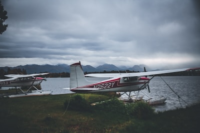 A seaplane is parked by a lakeside under an overcast sky, with distant mountains providing a scenic backdrop. The grass and trees add a natural setting, while the water reflects the moody sky.