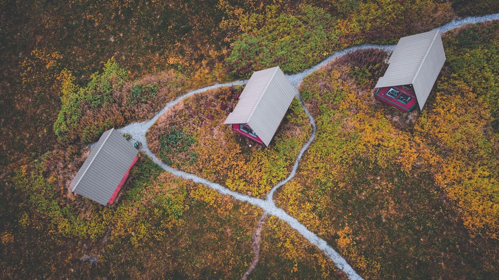 a couple of red buildings sitting on top of a lush green field