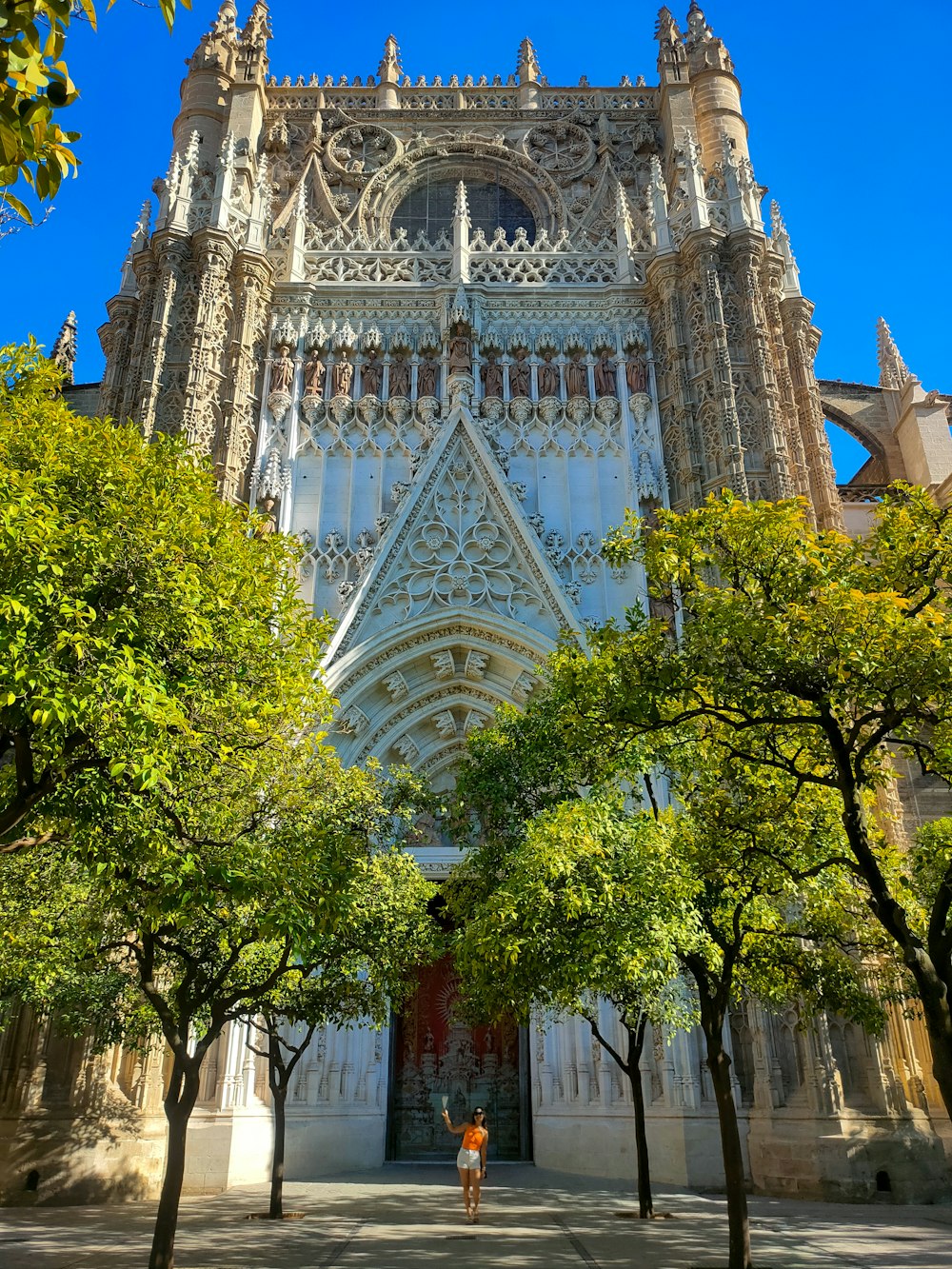 a person standing in front of a large cathedral