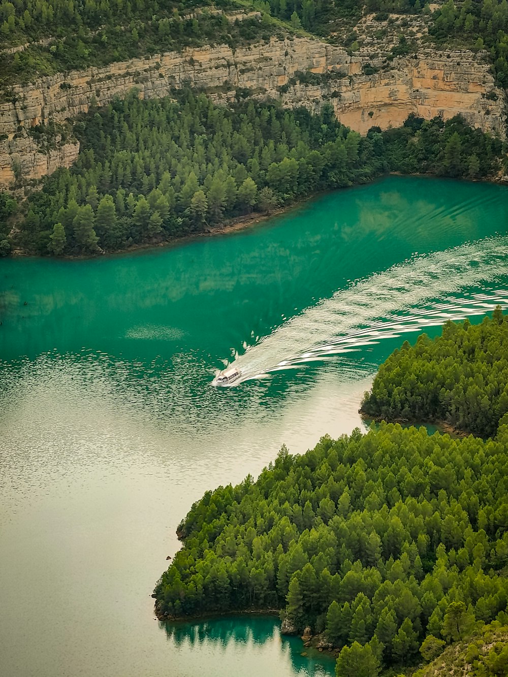 an aerial view of a lake surrounded by trees