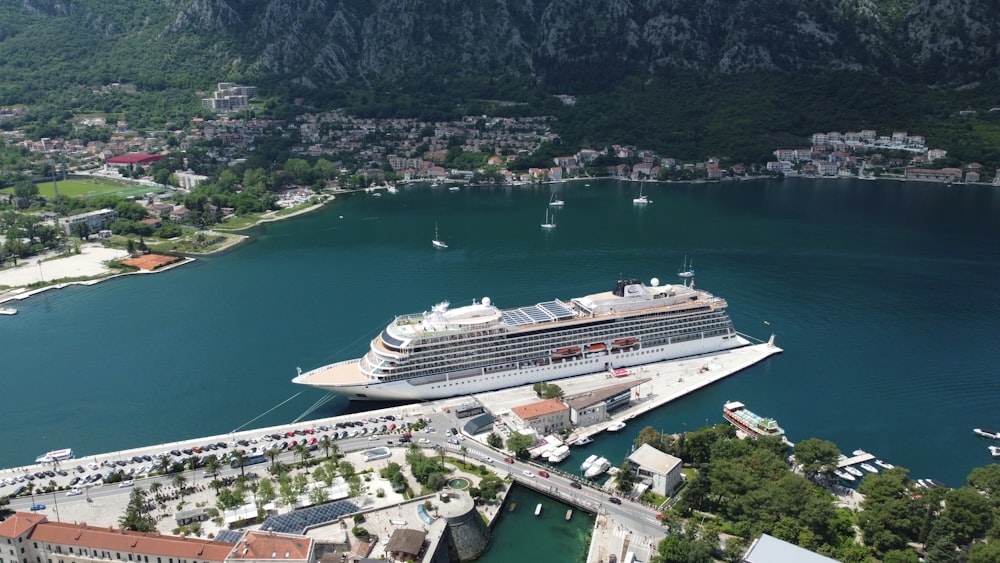 a cruise ship is docked in a harbor