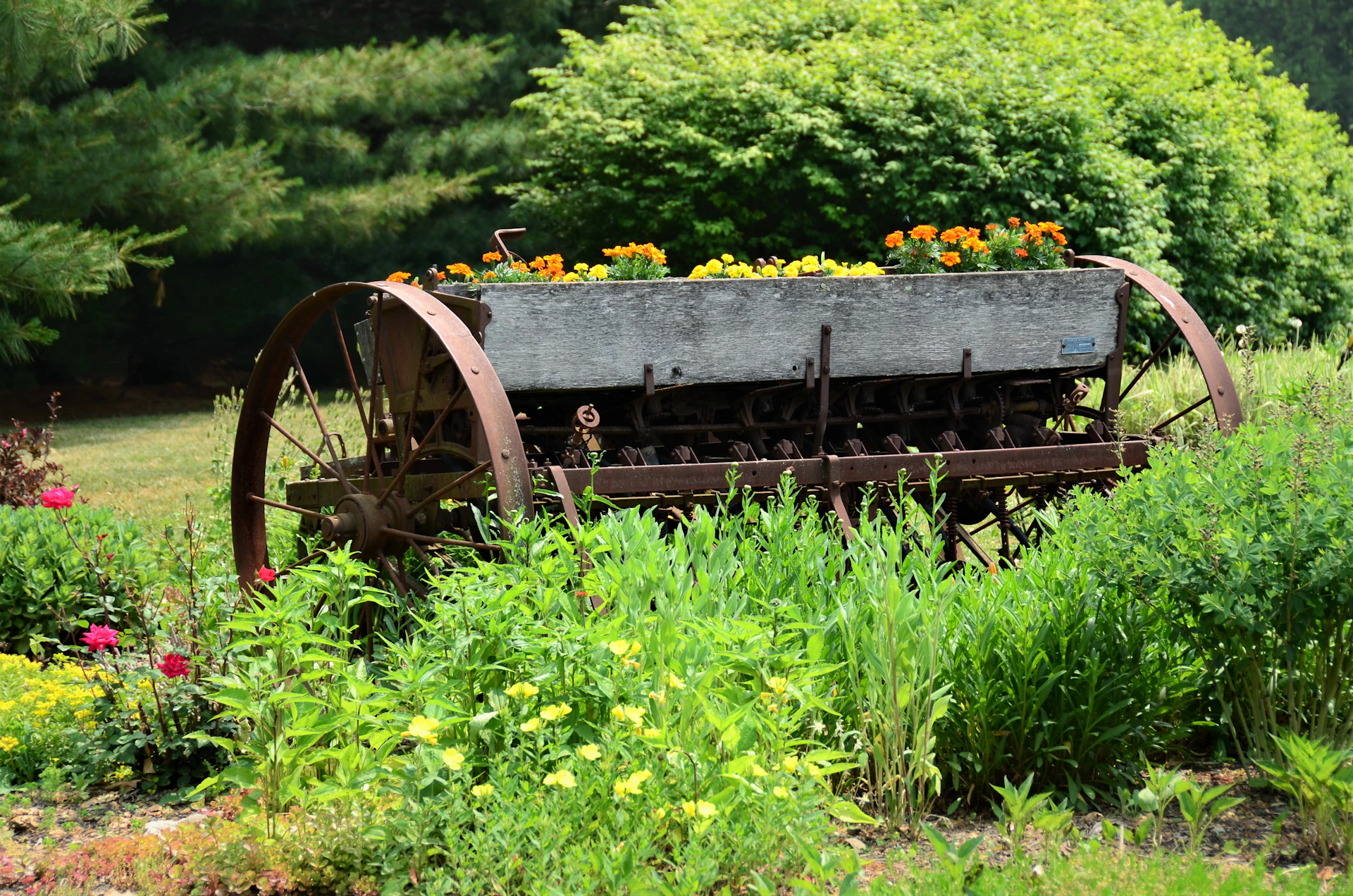 an old wagon with flowers in it in a garden