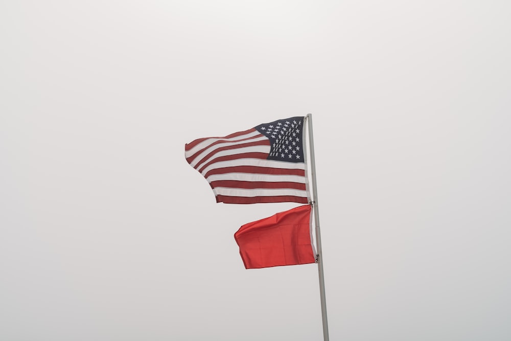 two american and red flags flying in the wind