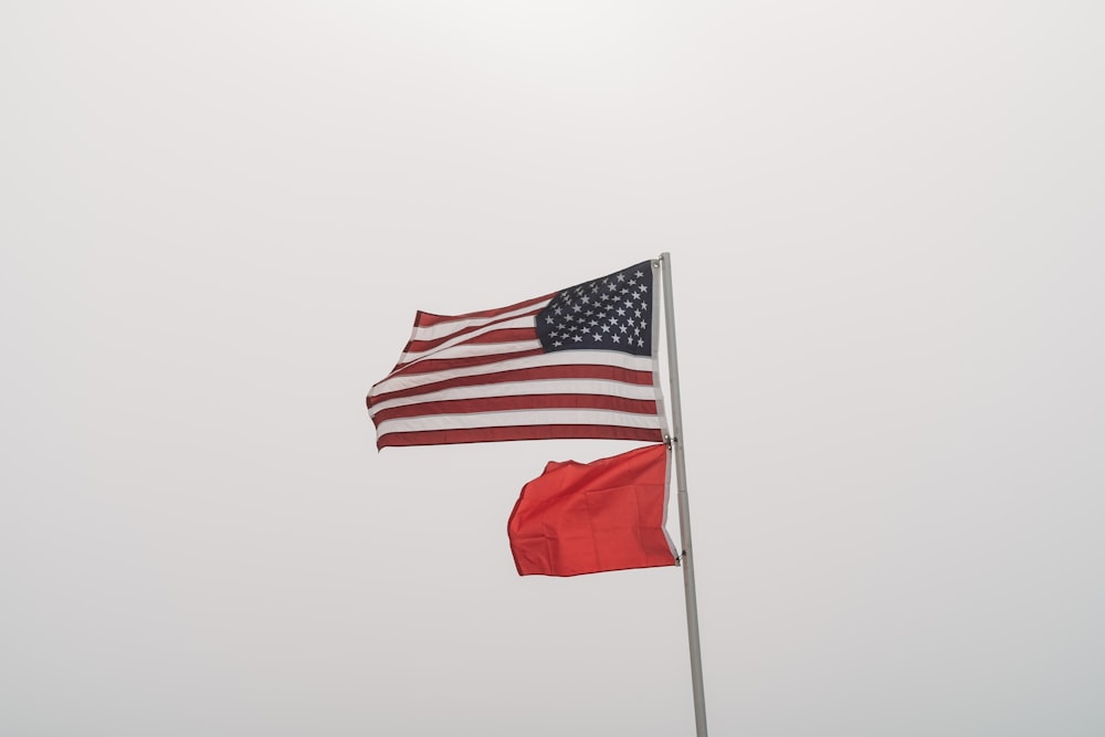 two american flags flying in the wind