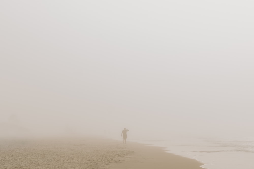 uma pessoa em pé em uma praia no nevoeiro