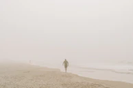 A minimalist frame of a lone figure walking along a foggy shoreline with soft, diffused light.